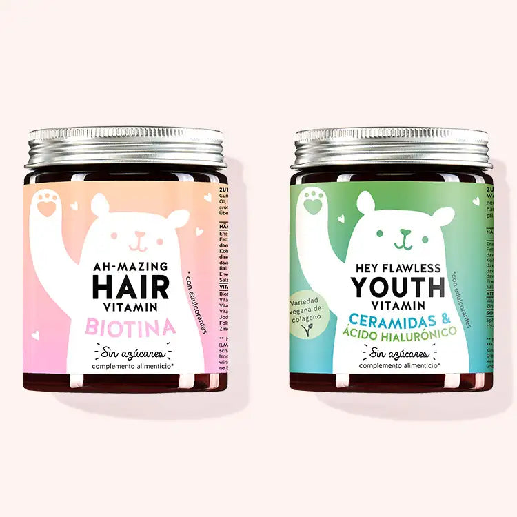 Set de 2 "Dúo para piel y cabello estresados" compuesto por las Vitaminas capilares Ah-mazing con biotina y las Vitaminas de juventud Hey Flawless con ceramidas y ácido hialurónico de Bears with Benefits.