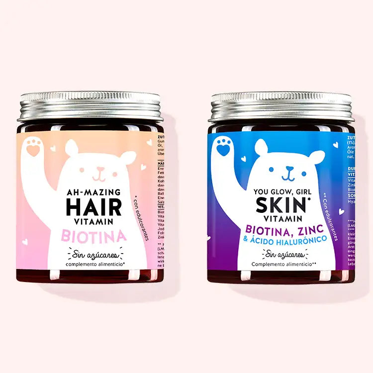Set de Duo para piel y cabello estresados de Bears with Benefits compuesto por las Vitaminas Capilares Ah-Mazing con Biotina y las Vitaminas You Glow, Girl con Hialurón.