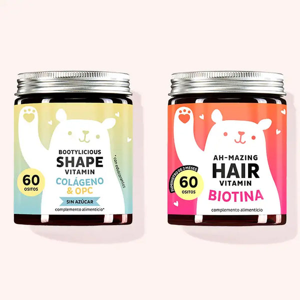 Set de 2 "El dúo de la dama y el vagabundo" compuesto por las Bootylicious Shape Vitamins con colágeno y las Ah-mazing Hair Vitamins con biotina de Bears with Benefits.