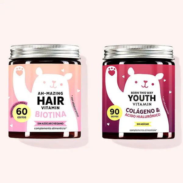 Set de 2 "El dúo definitivo para el cabello y la piel" compuesto por las vitaminas para el cabello Ah-mazing Hair Vitamins sin azúcar con biotina y las vitaminas para la juventud Born This Way Youth Vitamins con colágeno y hialurón de Bears with Benefits.