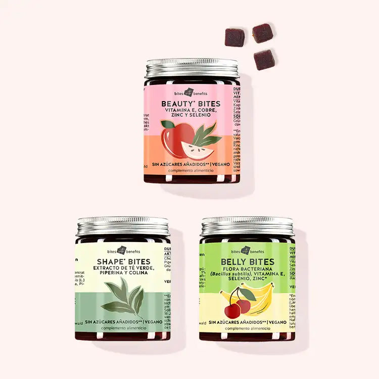 Los tres productos incluidos en el everything trio. Contiene los Beauty Bites, Shape Bites y Belly Bites. 