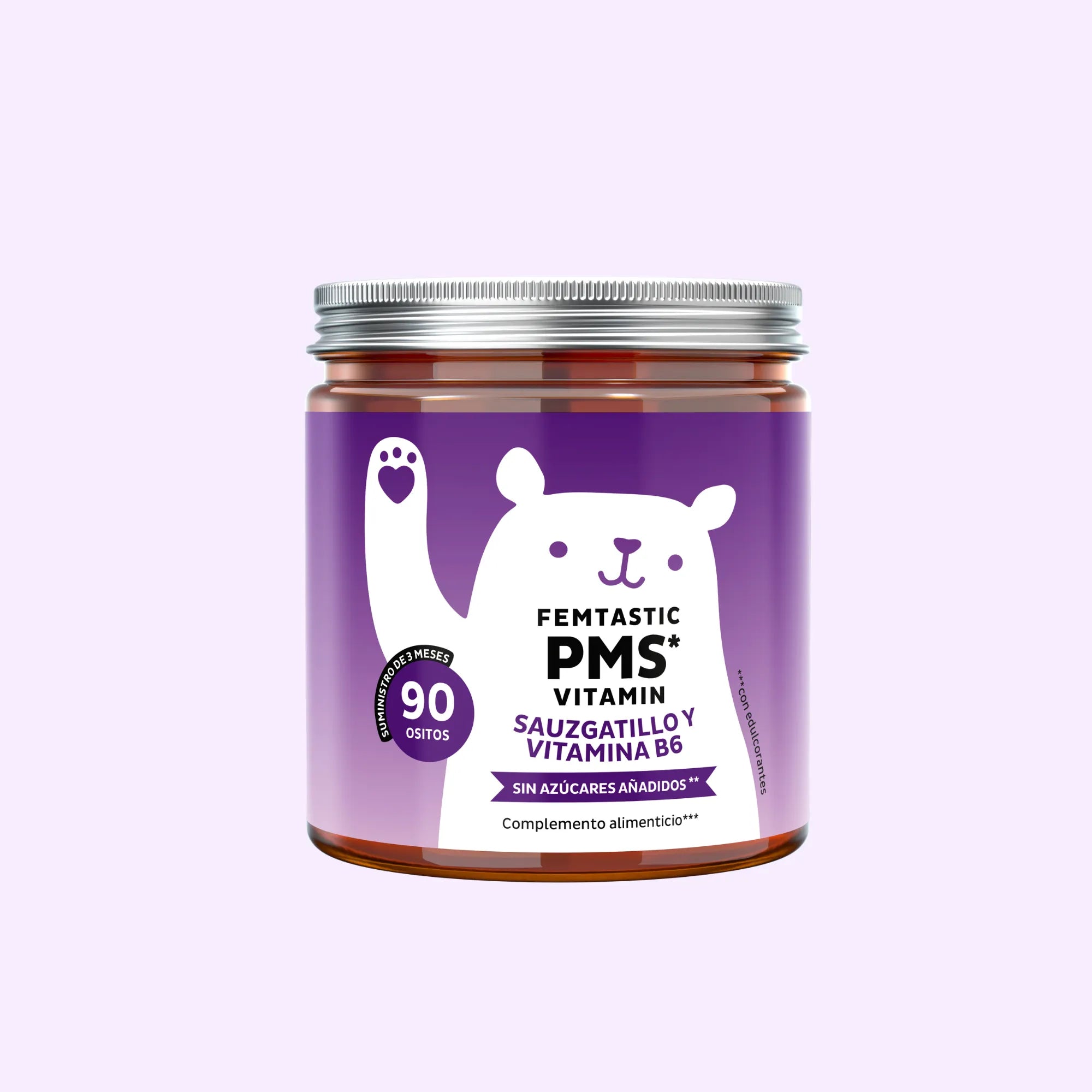 Bears with Benefits Femtastic PMS – Gominolas para el bienestar femenino formuladas con vitamina B6 y plantas adaptadas al ciclo menstrual para apoyar el equilibrio hormonal y el confort durante la fase premenstrual, 90 ositos sabor fresa.