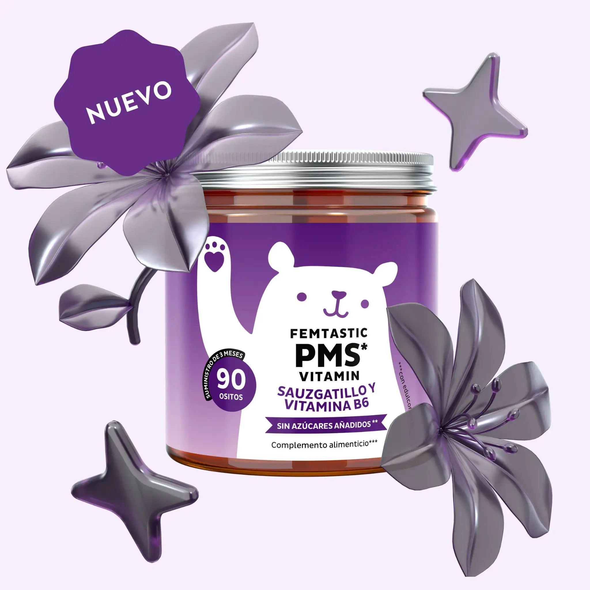 Imagen del bote de 90 unidades de las vitaminas Femtastic PMS de Bears with Benefits en formato de gominolas veganas, diseñadas para apoyar el equilibrio hormonal y aliviar los síntomas premenstruales.