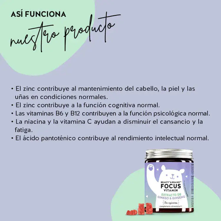 Así funcionan los Ositos Focus de Beauty & Brains con Ginkgo: El zinc contribuye al mantenimiento de un cabello, piel y uñas normales y a una función cognitiva normal. La niacina y la vitamina C ayudan a reducir el cansancio y la fatiga y el ácido pantoténico contribuye al rendimiento mental normal.