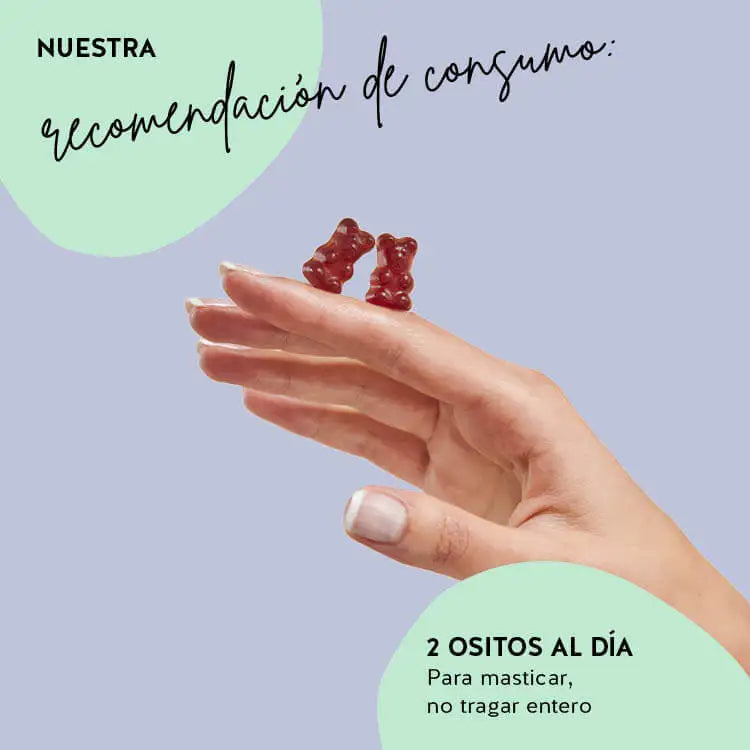 Esta imagen muestra la consumo recomendado para los ositos Beauty & Brains Focus con ginkgo. 2 ositos al día - masticar, no tragar entero.