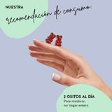 Esta imagen muestra la consumo recomendado para los ositos Beauty & Brains Focus con ginkgo. 2 ositos al día - masticar, no tragar entero.