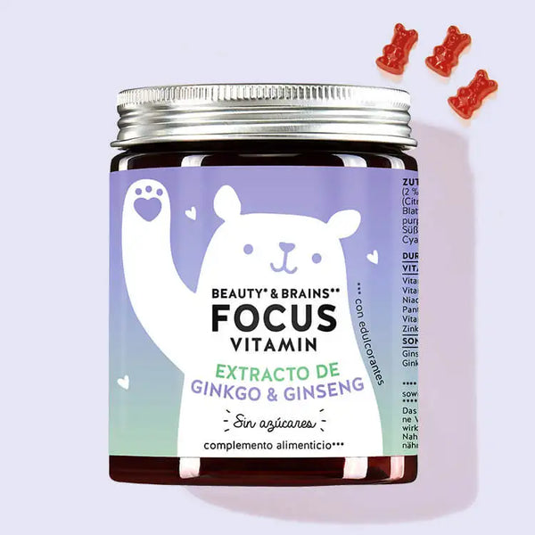 Esta foto muestra una lata del producto Beauty & Brains Focus con ginkgo de Bears with Benefits.