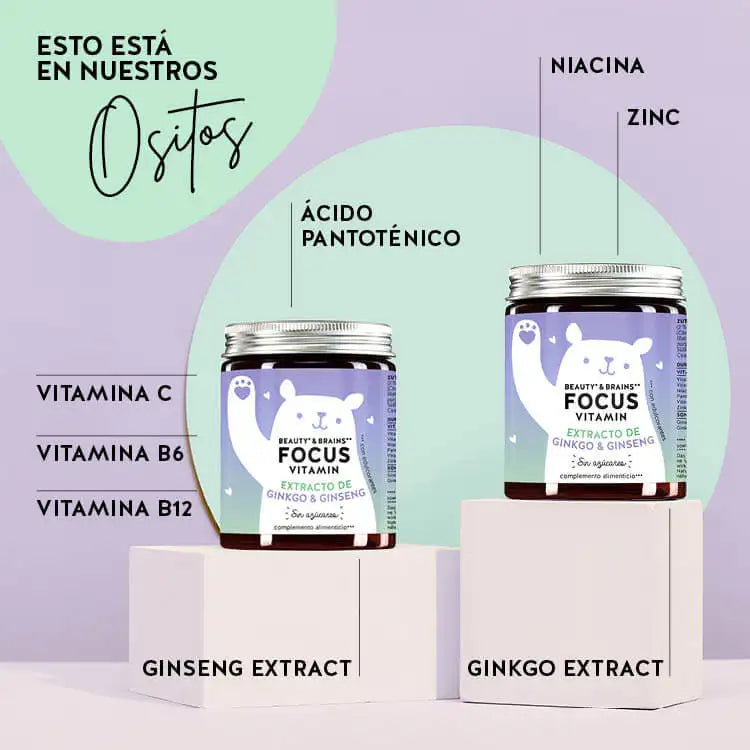 Esta imagen muestra los ingredientes de los ositos Beauty & Brains con ginkgo. Ginkgo extract, ginseng extract, vitaminas C, B6 y B12, acido pantotenico, niacina y zinc.