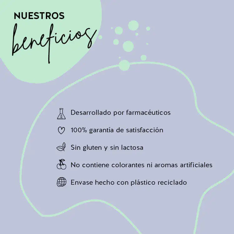 Esta imagen muestra los beneficios del producto Beauty & Brains Focus de Bears with Benefits. Desarrollado por farmacéuticos, Satisfacción 100% garantizada, alta biodisponibilidad, sin gluten ni lactosa, Sin colorantes ni aromas artificiales, PET reciclado para el medio ambiente.