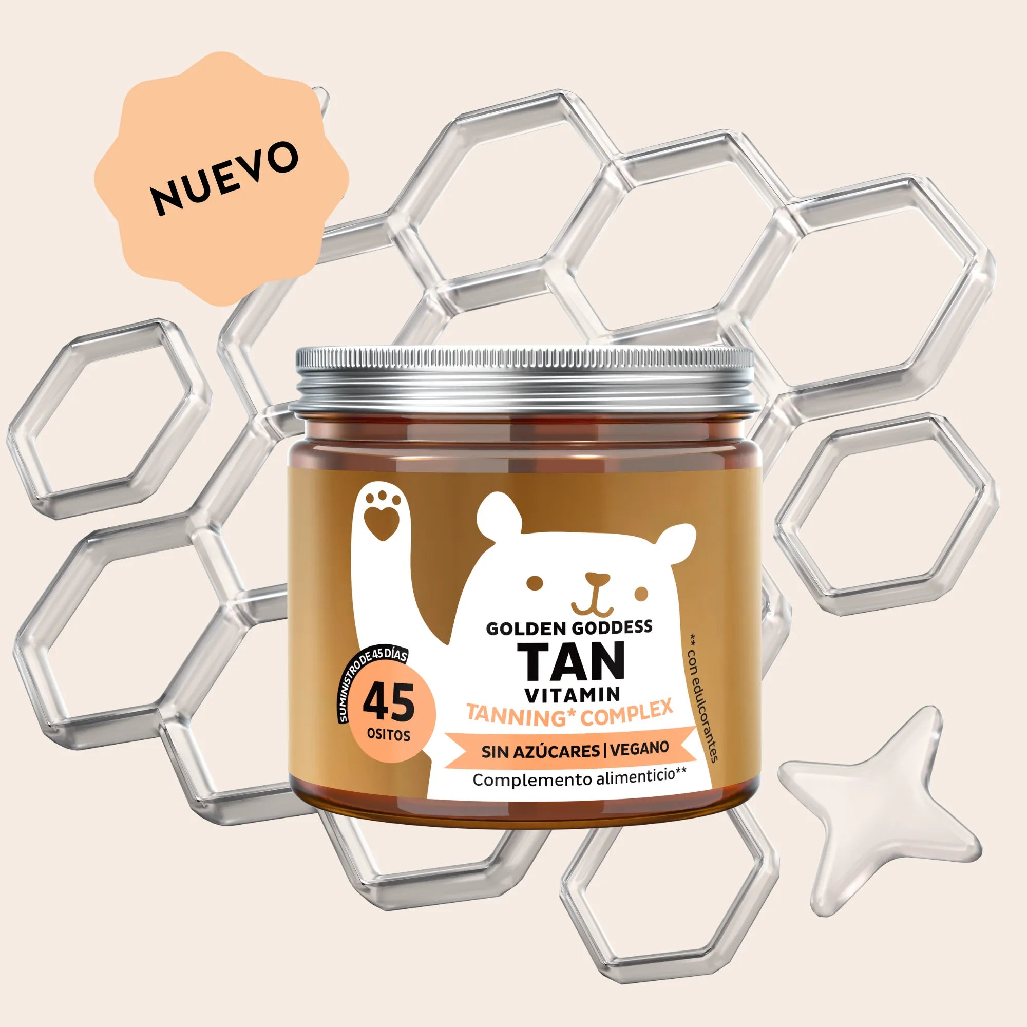 Imagen del bote de 45 unidades de Golden Goddess Tan Vitamin de Bears with Benefits en formato de gominolas, diseñado para apoyar la pigmentación de la piel y un bronceado natural.
