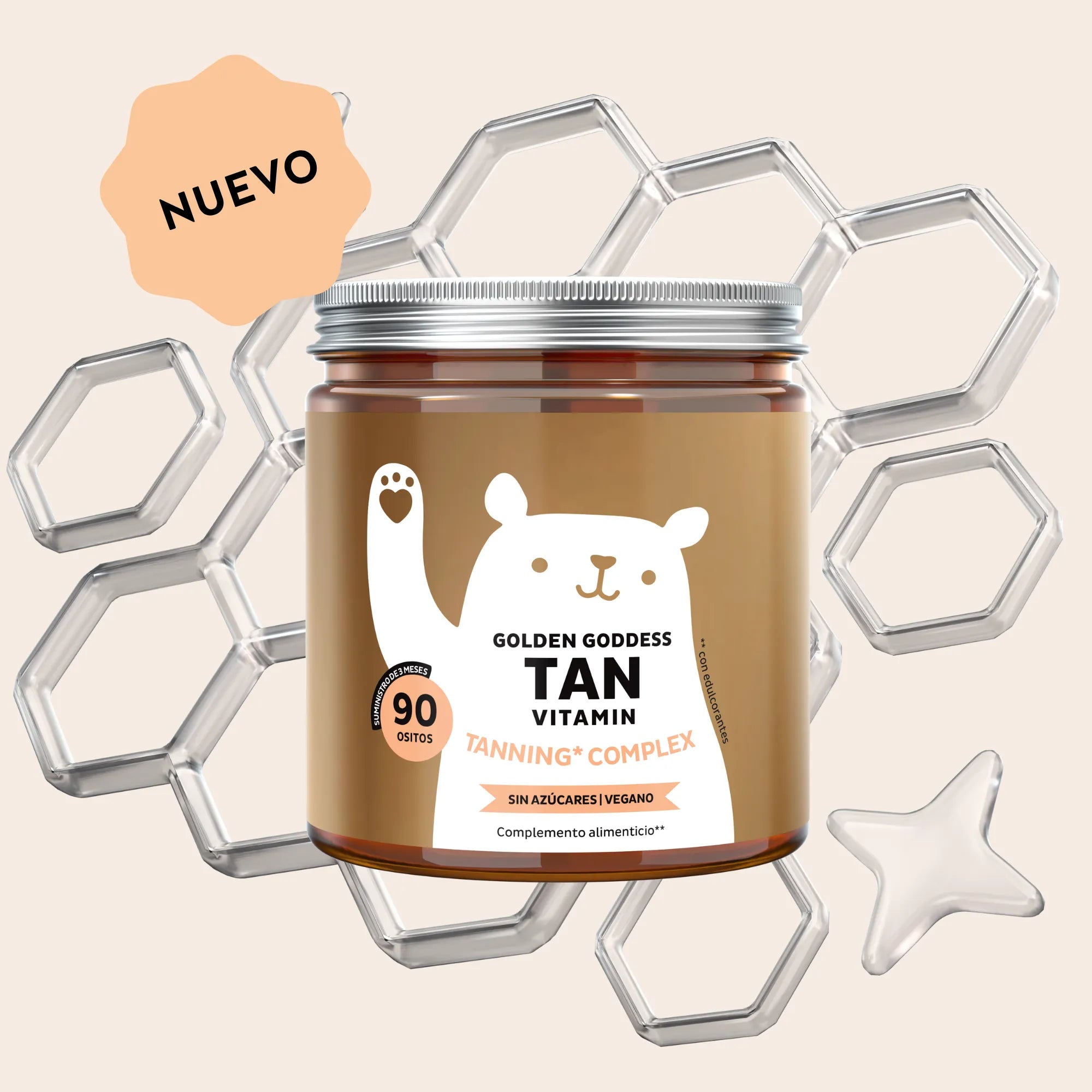 Imagen del bote de 90 unidades de Golden Goddess Tan Vitamin de Bears with Benefits en formato de gominolas, diseñado para un bronceado uniforme y el cuidado de la piel desde el interior.
