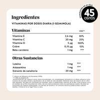 Bears with Benefits Golden Goddess Tan Vitamin Tanning* Complex – Tabla nutricional con betacaroteno, cobre, luteína, astaxantina y vitaminas C, D y E, con información detallada de ingredientes y valores nutricionales.
