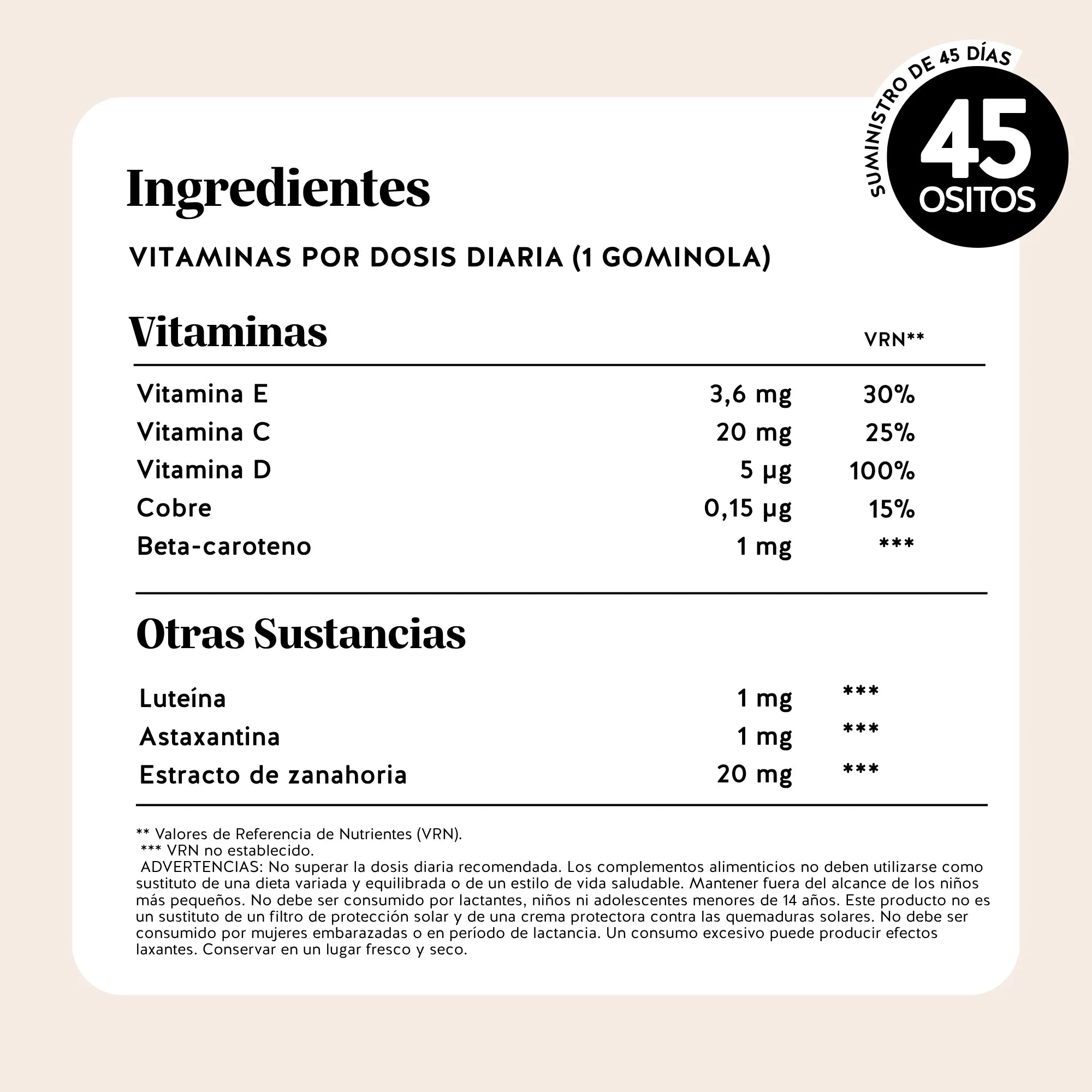 Bears with Benefits Golden Goddess Tan Vitamin Tanning* Complex – Tabla nutricional con betacaroteno, cobre, luteína, astaxantina y vitaminas C, D y E, con información detallada de ingredientes y valores nutricionales.
