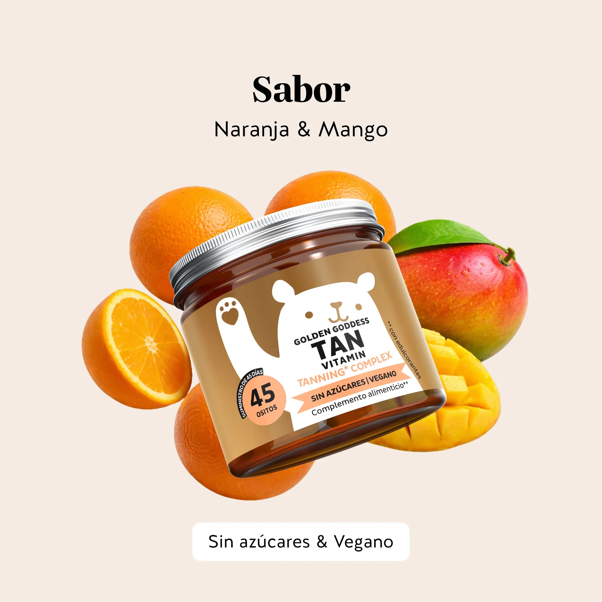 Bears with Benefits Golden Goddess Tan Vitamin Tanning* Complex – Gominolas veganas sin azúcar con sabor natural a naranja y mango, betacaroteno y vitaminas antioxidantes para una piel luminosa, 45 ositos.