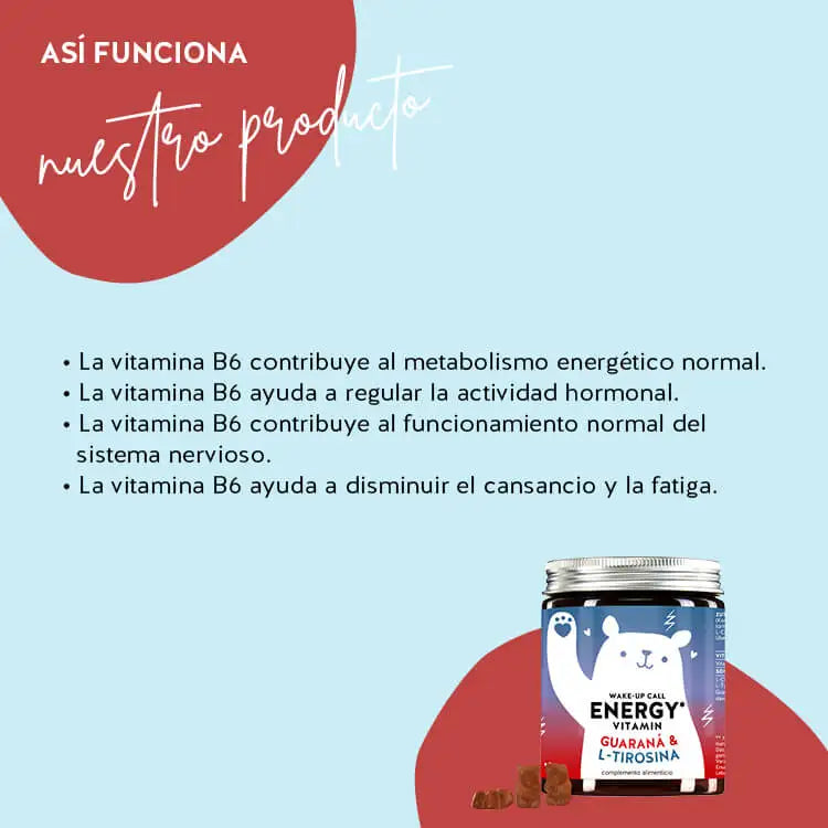 Así actúan las Vitaminas Energéticas Wake-Up Call con Guaraná: contribuyen al metabolismo energético normal, contribuyen al funcionamiento normal del sistema nervioso y ayudan a reducir el cansancio y la fatiga.