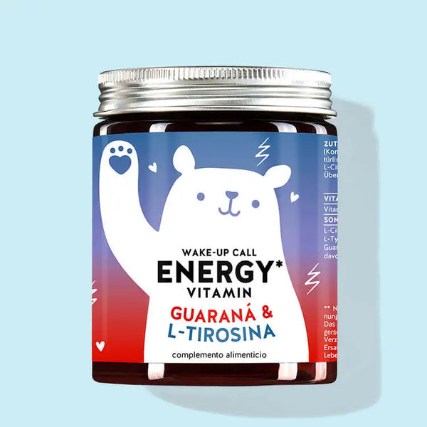 Una lata de Wake-Up Call Energy Vitamins con extracto de guaraná y vitamina B6 de Bears with Benefits para un chute de energía natural.