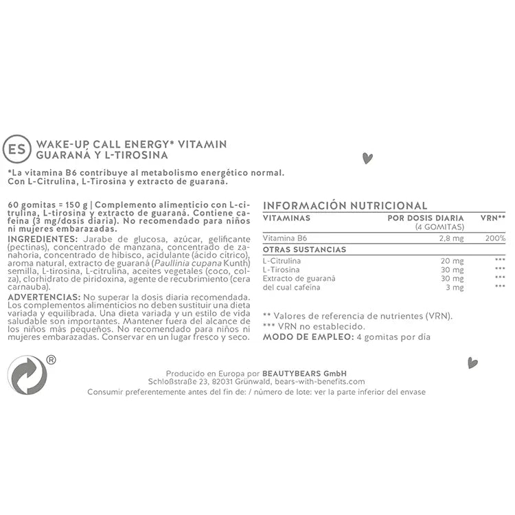 Lista de ingredientes incluidos en las vitaminas Wake-Up Call Energy para el  metabolismo energético normal. 