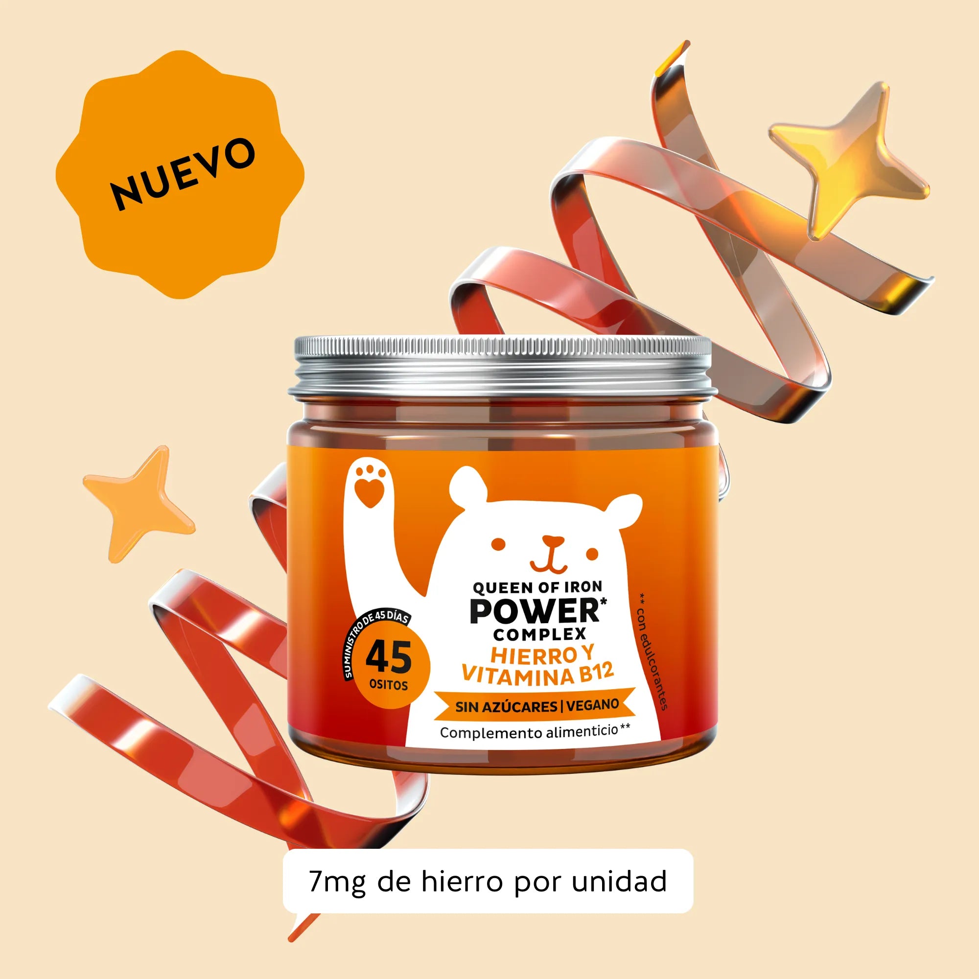Imagen del bote de 45 unidades de las vitaminas Queen of Iron Power de Bears with Benefits en formato de gominolas veganas, diseñadas para aportar hierro y apoyar la energía y la vitalidad diaria.