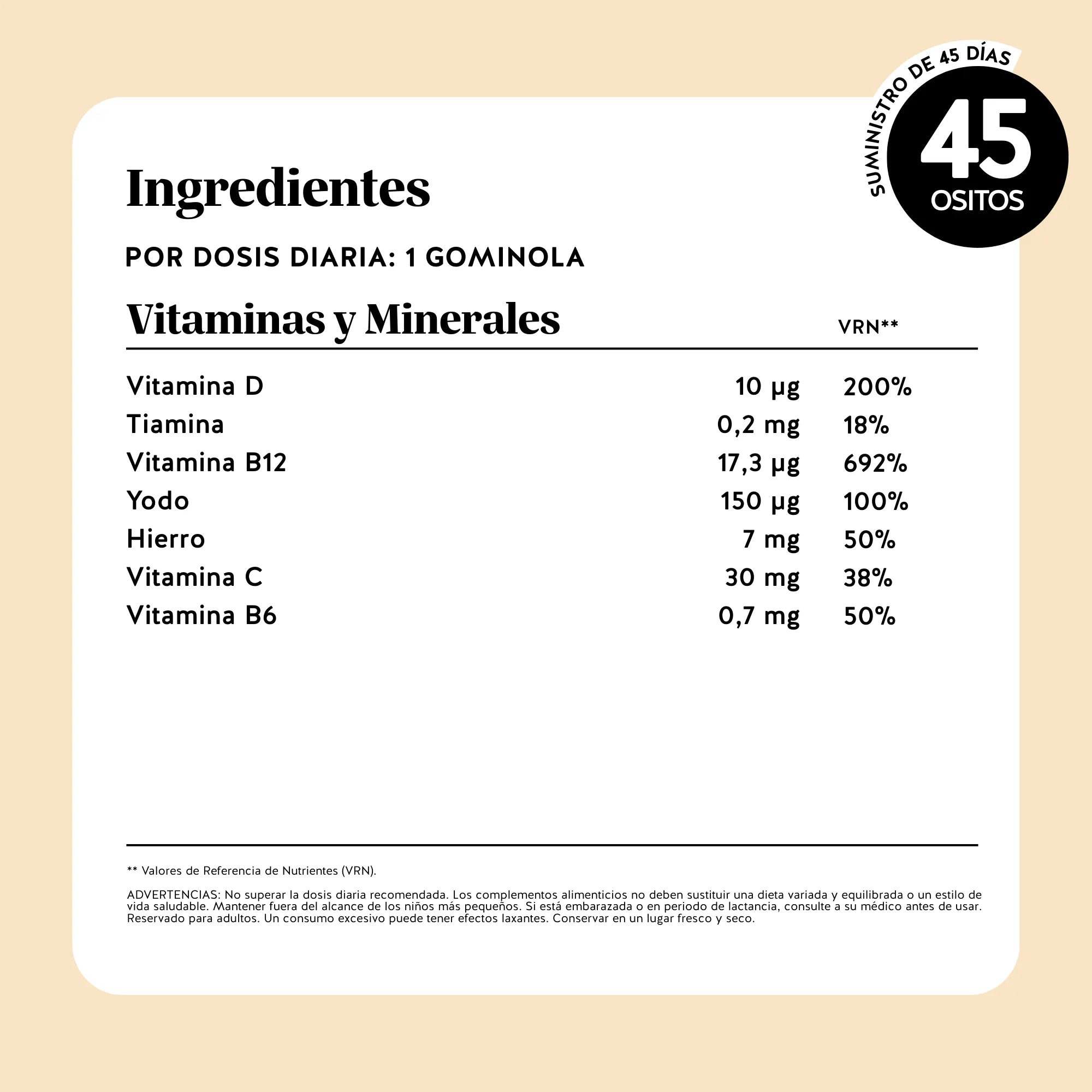 Lista completa de ingredientes y vitaminas de las Queen of Iron Power de Bears with Benefits en formato de gominola, con información nutricional detallada.
