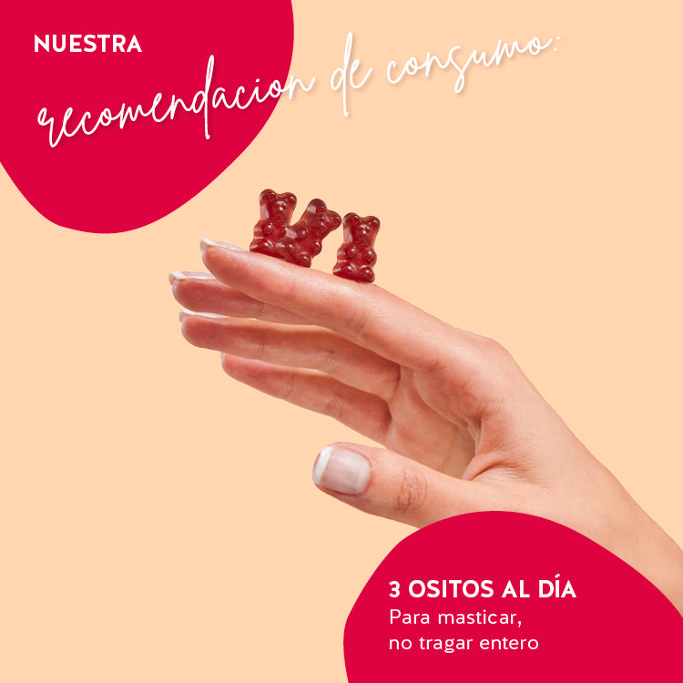 Esta imagen muestra la ingesta recomendada para los ositos de daily essential bears con hierro:  3 piezas al día - para masticar, no tragar entero.