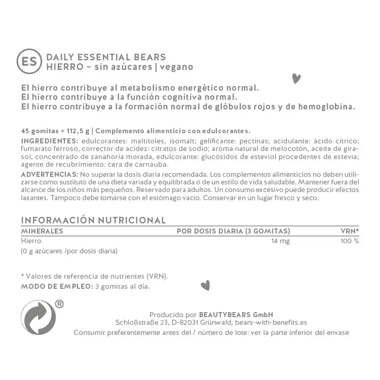 Esta imagen muestra los ingredientes del producto Daily Essential Bears con hierro de Bears with Benefits.