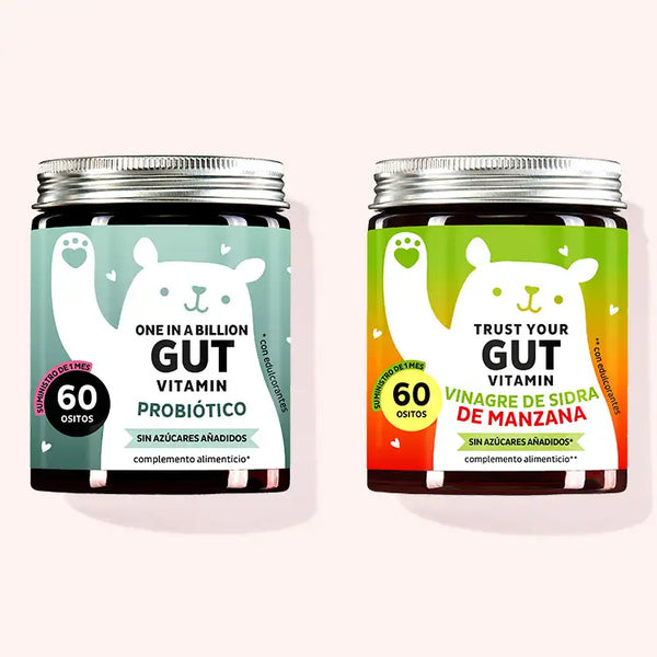 Set de 2 "Interior feliz, todo bien dúo" compuesto por la Vitamina Gut One in a Billion con Bacillus coagulans, inulina y vitamina B6 y Trust your Gut Vitamin con vinagre de sidra de manzana de Bears with Benefits.