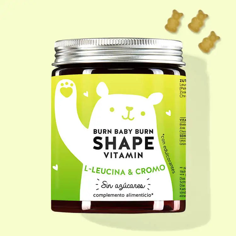 Una lata de Burn Baby Burn Shape con cromo, L-leucina y extracto de hoja de té verde de Bears with Benefits para el metabolismo de las grasas.