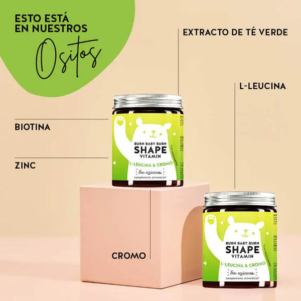 Estos ingredientes y nutrientes están en las vitaminas Burn Baby Burn Shape de Bears with Benefits: biotina, zinc, cromo, L-leucina y extracto de hoja de té verde.