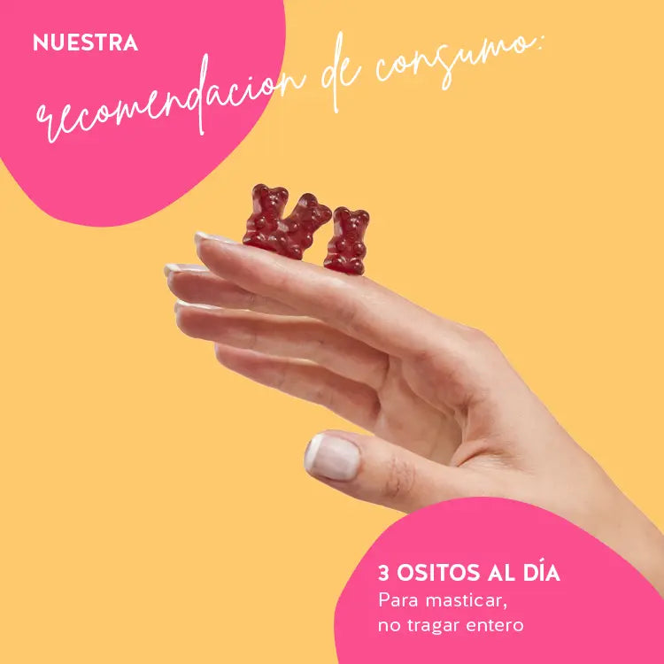 Esta imagen muestra el consumo recomendado de Oh Yeah osos Libido da osos con beneficios: 3 osos al día para masticar y no tragar enteros.