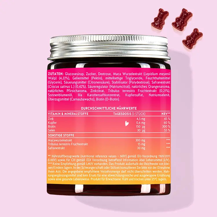 Este es el reverso del paquete de Oh Yeah Bear con extracto de maca. Se muestra la información nutricional y la lista de ingredientes del producto.