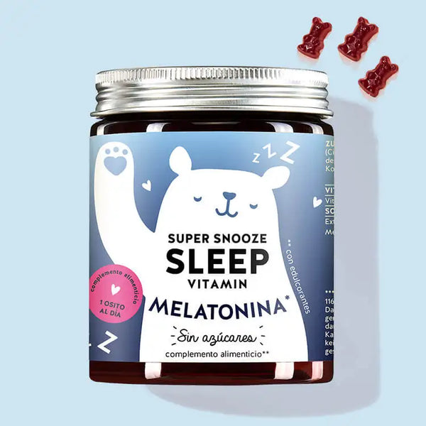 Esta foto muestra una lata del producto Super Snooze Sleep with Melatonin por Bears with Benefits.