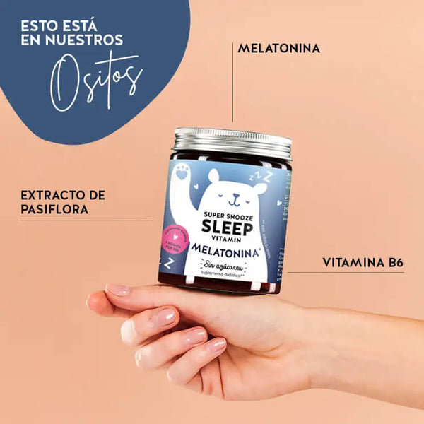 Estos ingredientes y nutrientes se encuentran en las Vitaminas para Dormir Super Snooze de Bears with Benefits: melatonina, extracto de pasiflora y vitamina B6.