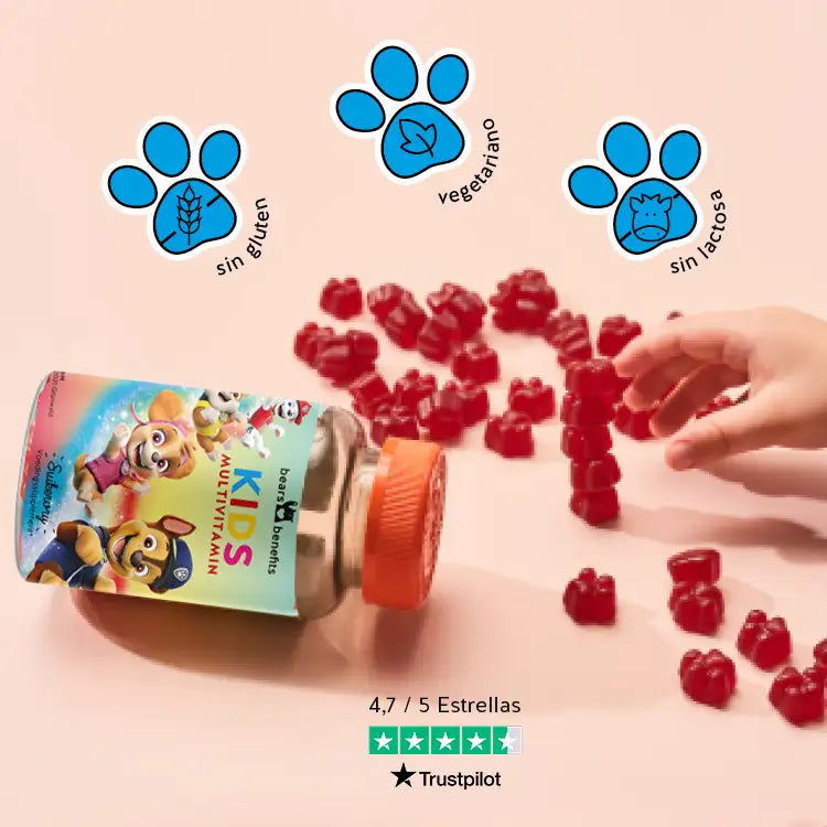 Esta foto muestra los beneficios del producto Power Paws Vitamins with Multivitamin Complex de Bears with Benefits. Sin azúcar y vegano, sabor natural a frambuesa, calidad de farmacia alemana y desarrollado por expertos en nutrición.