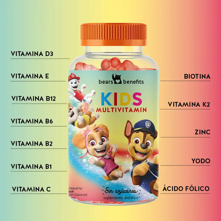 Esta imagen muestra los ingredientes de los ositos Paw Patrol con complejo multivitamínico para niños. Vitamina K2, vitamina D3, vitamina C, vitamina B12, vitamina B6, vitamina B2, vitamina B1, biotina, vitamina E, ácido fólico, zinc y yodo.