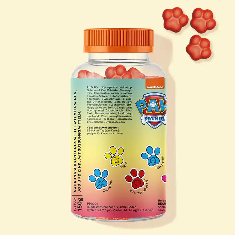 Esta es la parte trasera del envase de la Patrulla Canina gominolas con complejo multivitamínico para niños. En ella está la lista de ingredientes del producto.