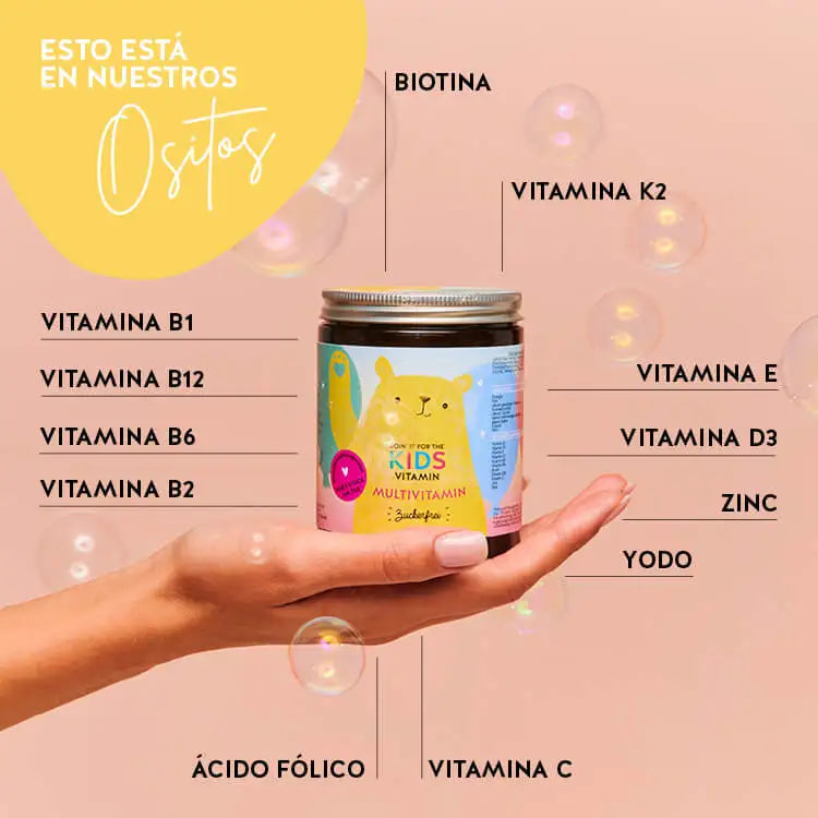 Estos ingredientes y nutrientes se encuentran en las vitaminas Doin' It For The Kids de Bears with Benefits: biotina, zinc, yodo, ácido fólico, vitaminas B, C, D, E y vitamina K.