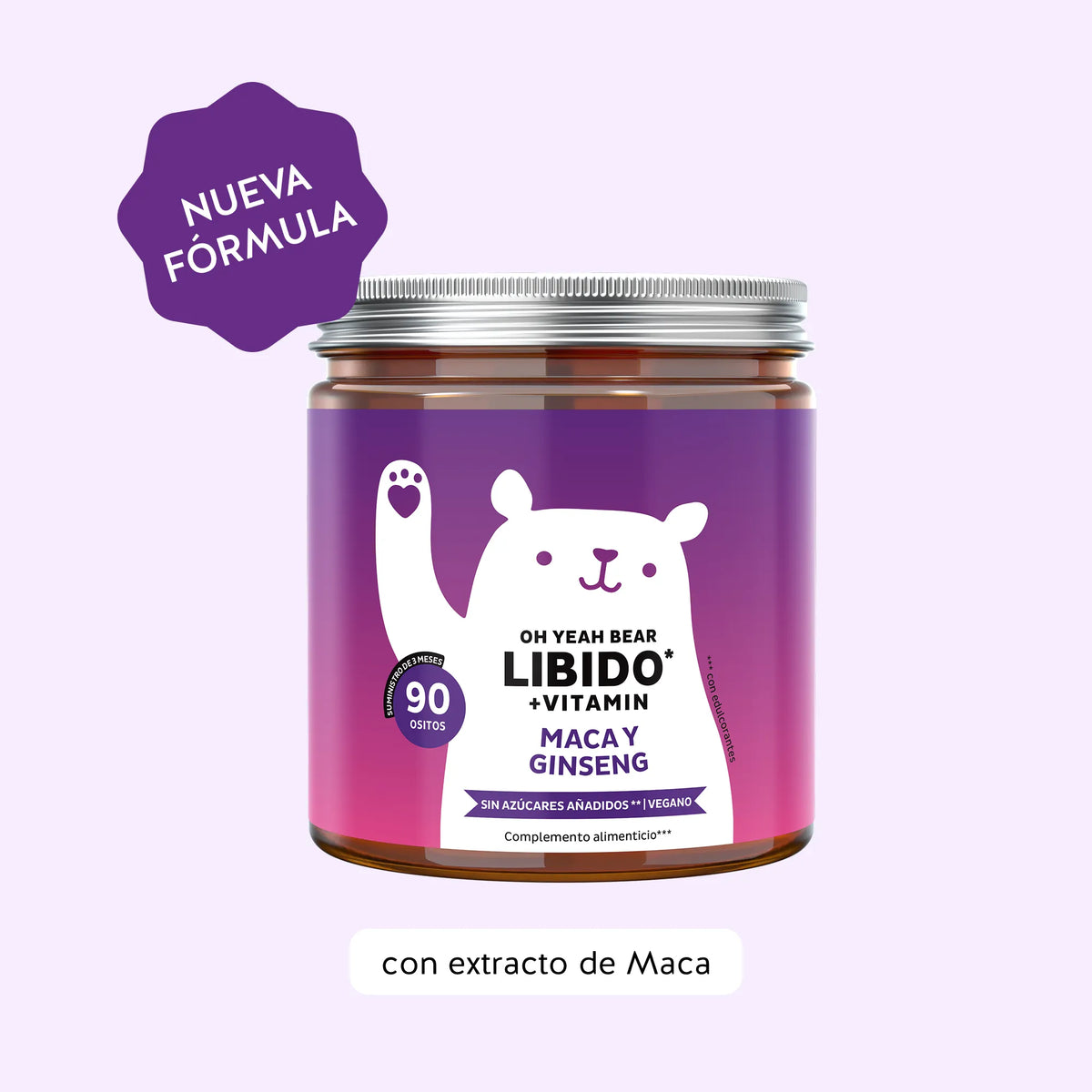Bears with Benefits Oh Yeah Bear Libido – Gominolas veganas con zinc para la fertilidad normal, nueva fórmula con extracto de ginseng, 90 ositos sabor naranja y melocotón.