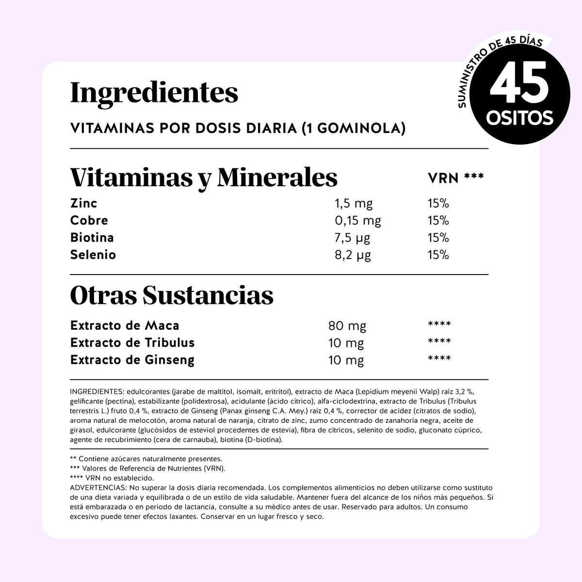 Bears with Benefits Oh Yeah Bear Libido – Ingredientes e información nutricional: zinc, cobre, biotina, selenio y 80 mg de extracto de maca, 10 mg de tribulus y 10 mg de ginseng por osito, 45 ositos.