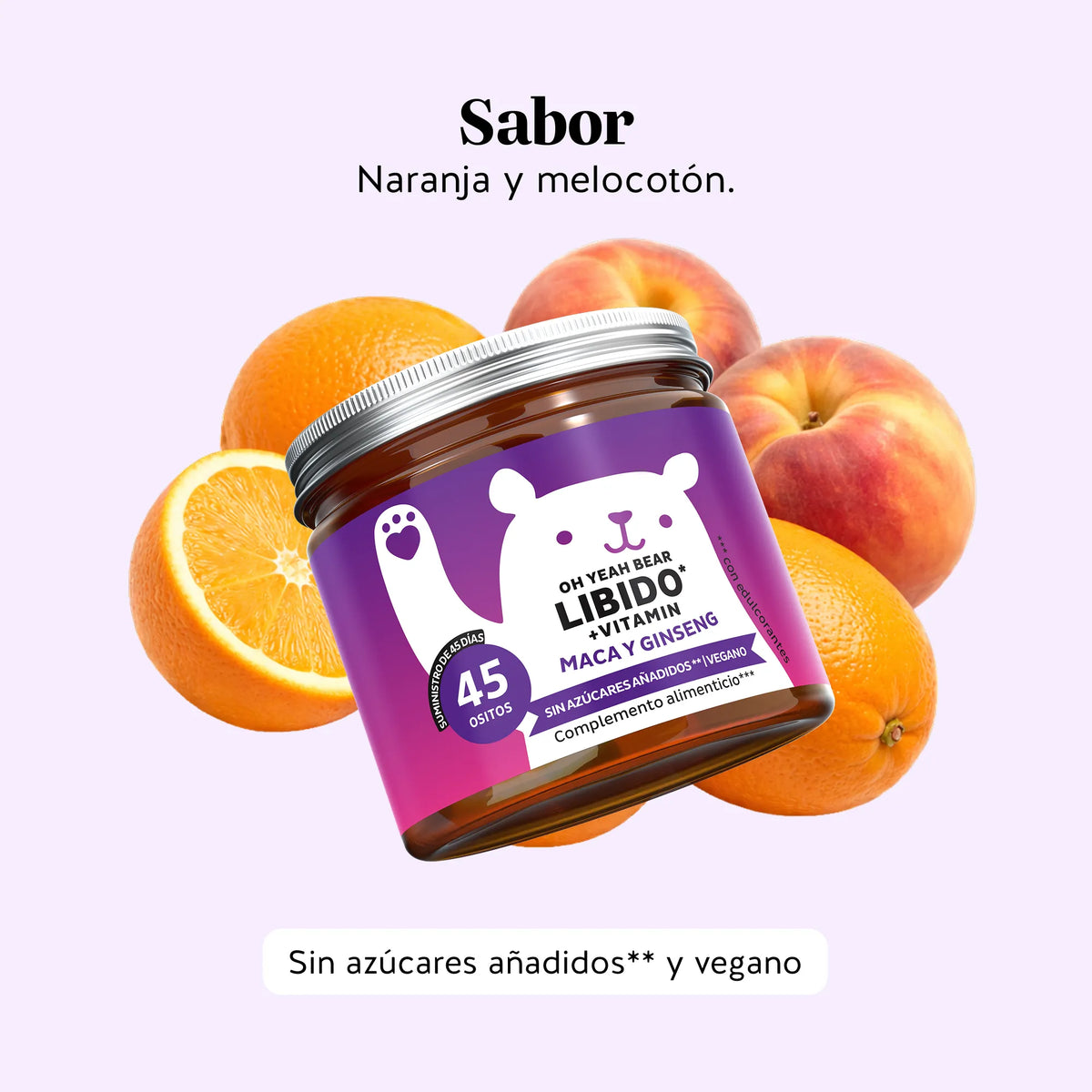 Bears with Benefits Oh Yeah Bear Libido – Gominolas veganas sin azúcares añadidos, 45 ositos sabor natural a naranja y melocotón.