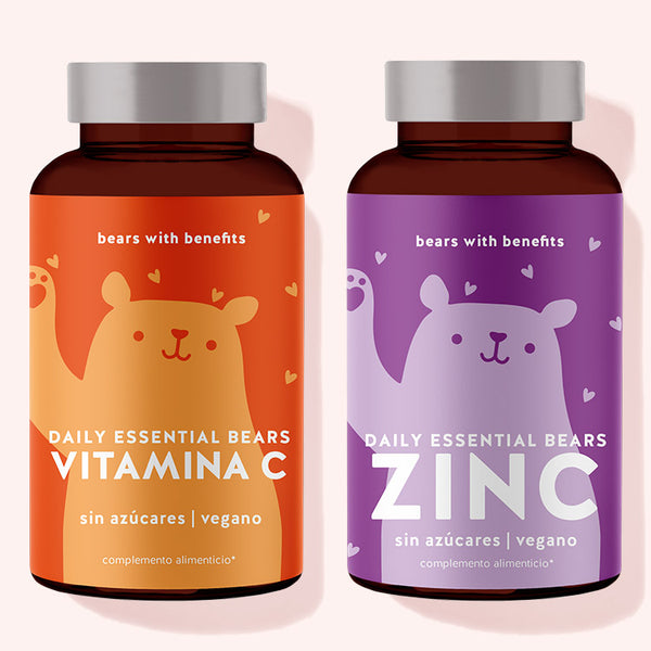 Refuerza tu sistema inmunitario con nuestro pack de zinc y vitamina C. Auténticos aliados contra los resfriados. El pack contiene los daily essential bears  de Vitamina C y Zinc.
