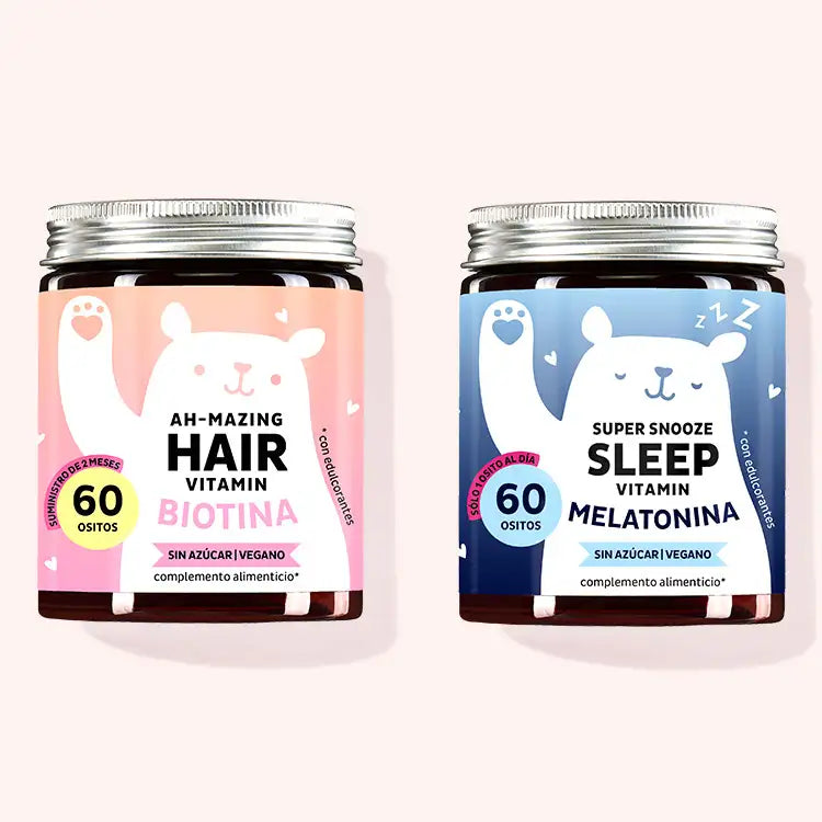 Lote de 2 "Pack de la bella durmiente" compuesto por la Super Snooze Sleep Vitamin con melatonina y la Ah-mazing Hair Vitamin sin azúcar con biotina de Bears with Benefits.
