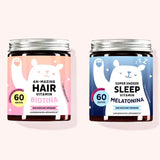 Lote de 2 "Pack de la bella durmiente" compuesto por la Super Snooze Sleep Vitamin con melatonina y la Ah-mazing Hair Vitamin sin azúcar con biotina de Bears with Benefits.