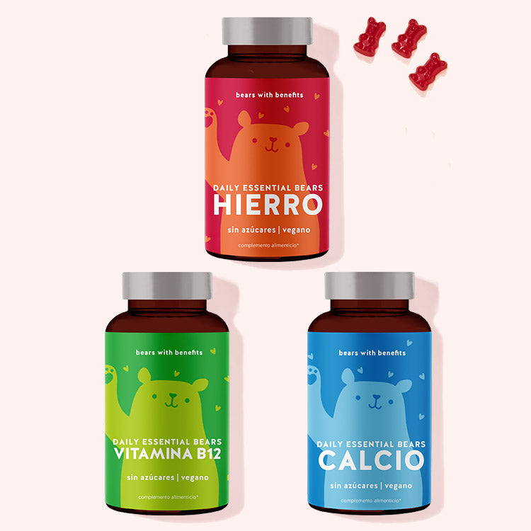 Pack de essenciales para veganos de Bears with Benefits. El pack contiene daily essential bears de hierro, vitamina b12 y calcio. 