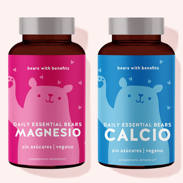 Pack para la salud ósea de daily essential bears Magnesio y Calcio por Bears with Benefits. El magnesio contribuye al funcionamiento normal de los músculos. El calcio es necesario para el mantenimiento de huesos y dientes normales. 