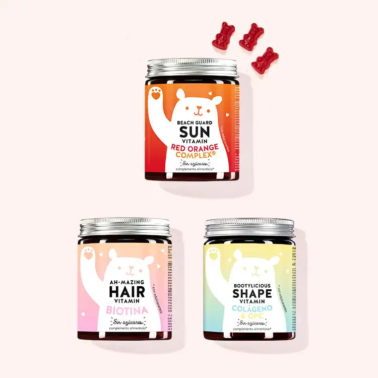 Set de 3 "Pack para principiantes: Descubre nuestros bestsellers" compuesto por las vitaminas solares Beach Guard Sun Vitamins con vitamina C y E, las vitaminas capilares Ah-mazing Hair Vitamins con biotina y las vitaminas Bootylicious Shape Vitamins con colágeno y OPC de Bears with Benefits.