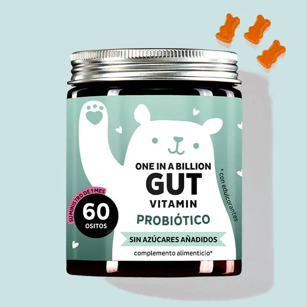 Una lata de One In A Billion Gut Vitamin con Bacillus coagulans, inulina y vitamina B6 de Bears with Benefits para el vientre hinchado y la hinchazón.