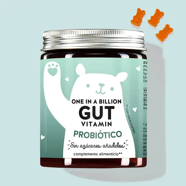 Una lata de One In A Billion Gut Vitamin con Bacillus coagulans, inulina y vitamina B6 de Bears with Benefits para el vientre hinchado y la hinchazón.
