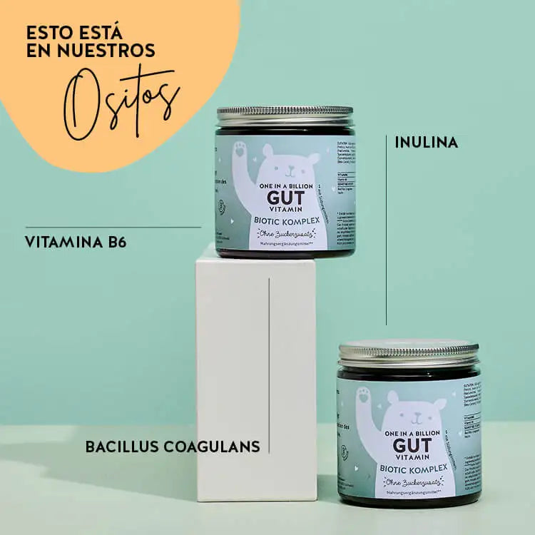 Estos ingredientes y nutrientes se encuentran en el One In A Billion Gut Vitamins de Bears with Benefits: Vitamina B6, Inulina y Bacillus Coagulans.