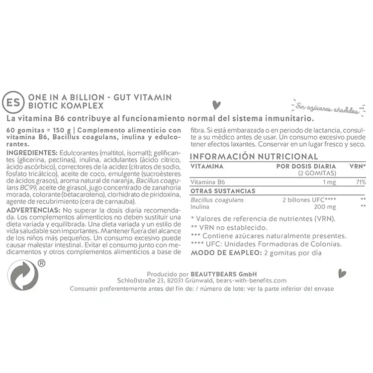Estos ingredientes y nutrientes se encuentran en el One In A Billion Gut Vitamins de Bears with Benefits.