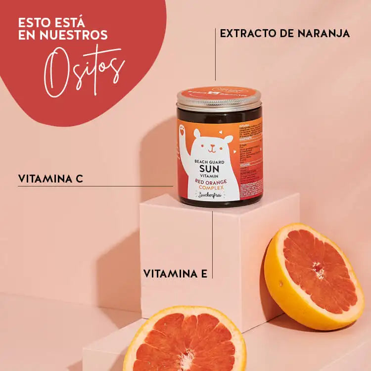 Estos ingredientes y nutrientes se encuentran en las vitaminas solares Beach Guard de Bears with Benefits: Complejo de Naranja Roja, Vitamina C y Vitamina E.